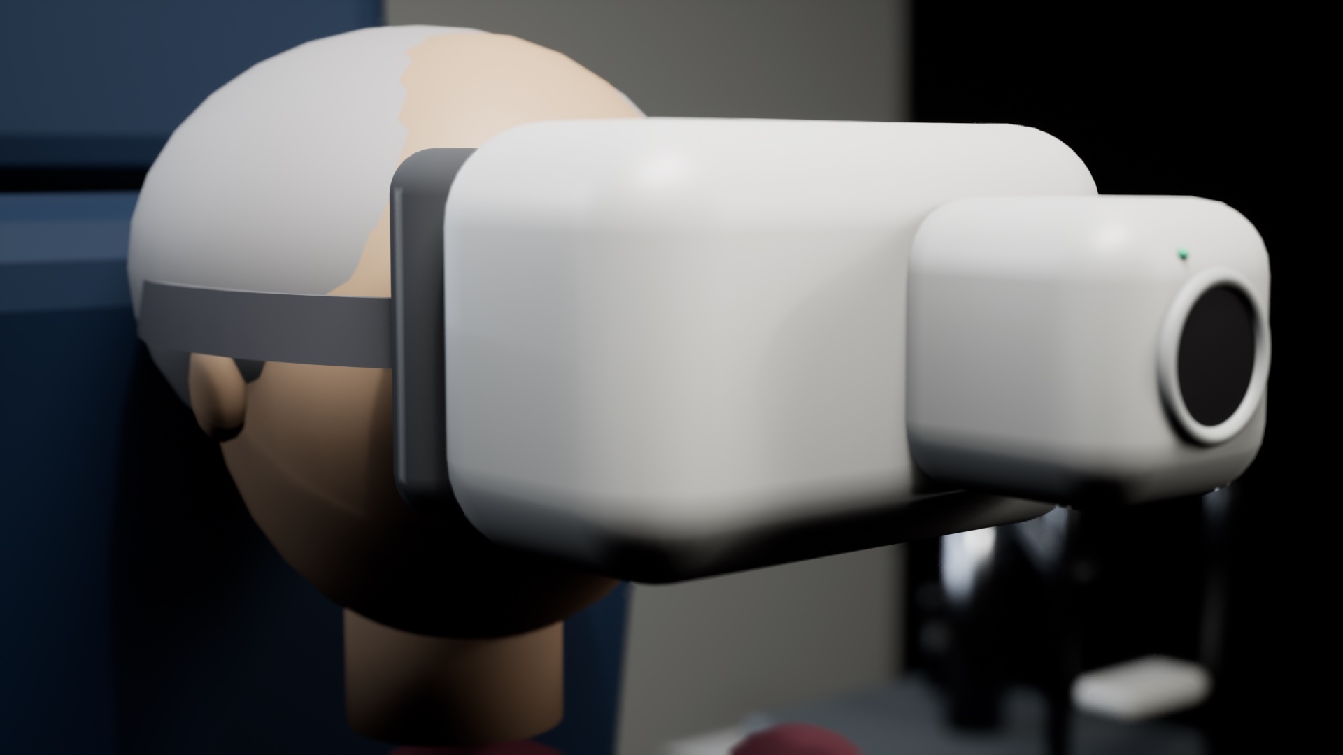 Close view of the patient's head in the headset with its strap
